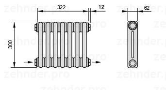Схема (чертеж) Радиатор Zehnder Charleston 2030/7 №2670 Белый глянцевый RAL 9016